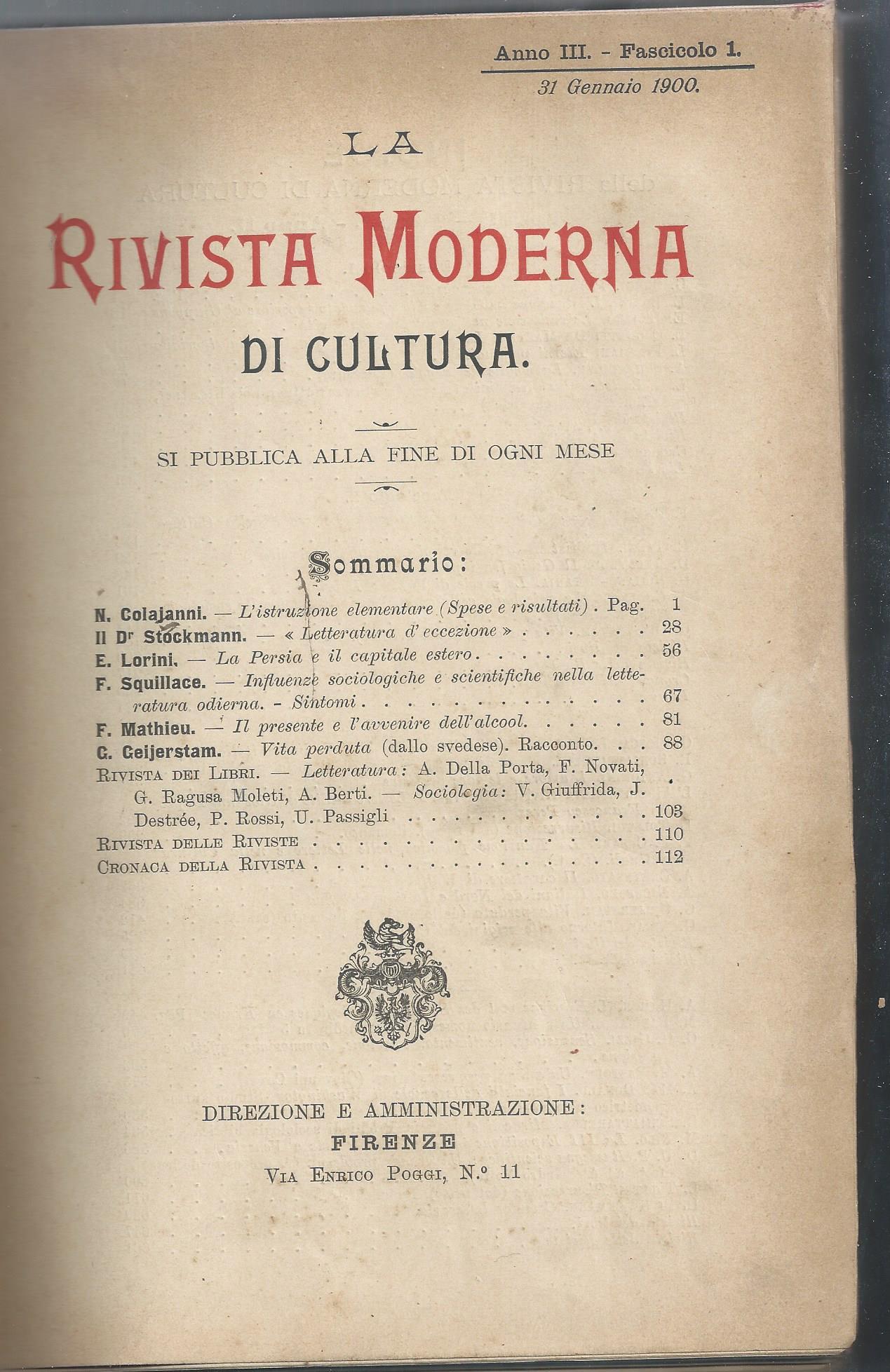 LA RIVISTA MODERNA DI CULTURA. ANNO III, 1900: NN. DALL'1 AL 10.