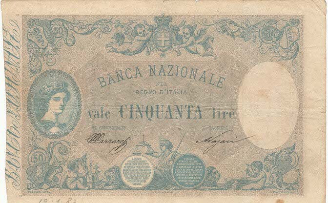 50 LIRE BANCA NAZIONALE NEL REGNO D'ITALIA GIÀ BANCA D'ITALIA sotto Umberto I 19 GENNAIO 1887