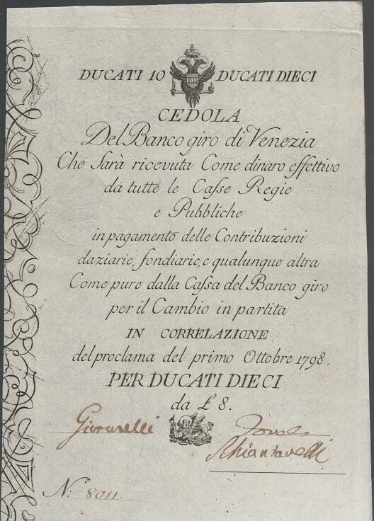 BANCO DEL GIRO DI VENEZIA CEDOLA DA 10 DUCATI 1798 -