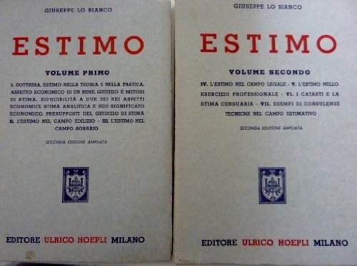 ESTIMO - Volume Primo : Dottrina, Estimo nella Teoria e nella Pratica,Aspetto Economico di un bene,giudizio e metodi di stima,riducibilità a due dei sei aspetti economici,stima analitica e suo significato economico,presupposti nel giudizio di stima, l' Estimo nel campo edilizio, l'Estimo nel campo agrario; Volume Secondo: l' Estimo nel campo legal,l'Estimo nell'esercizio proferssionale,i catasti e la stima censuaria,esempi di consdulenze tecniche nel campo estimativo. SECONDA EDIZIONE AMPLIATA
