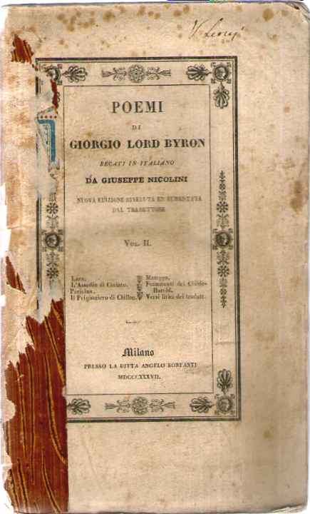 Poemi di Giorgio Lord Byron recati in italiano da G. Nicoletti - VOL II