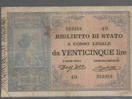 25 LIRE BIGLIETTO DI STATO REGNO UMBERTO I ITALIA TURRITA 21/07/1895