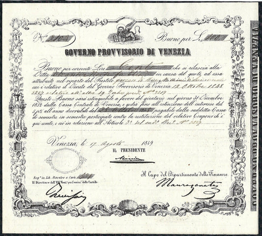 100 LIRE BUONO GOVERNO PROVVISORIO DI VENEZIA 17/08/1849