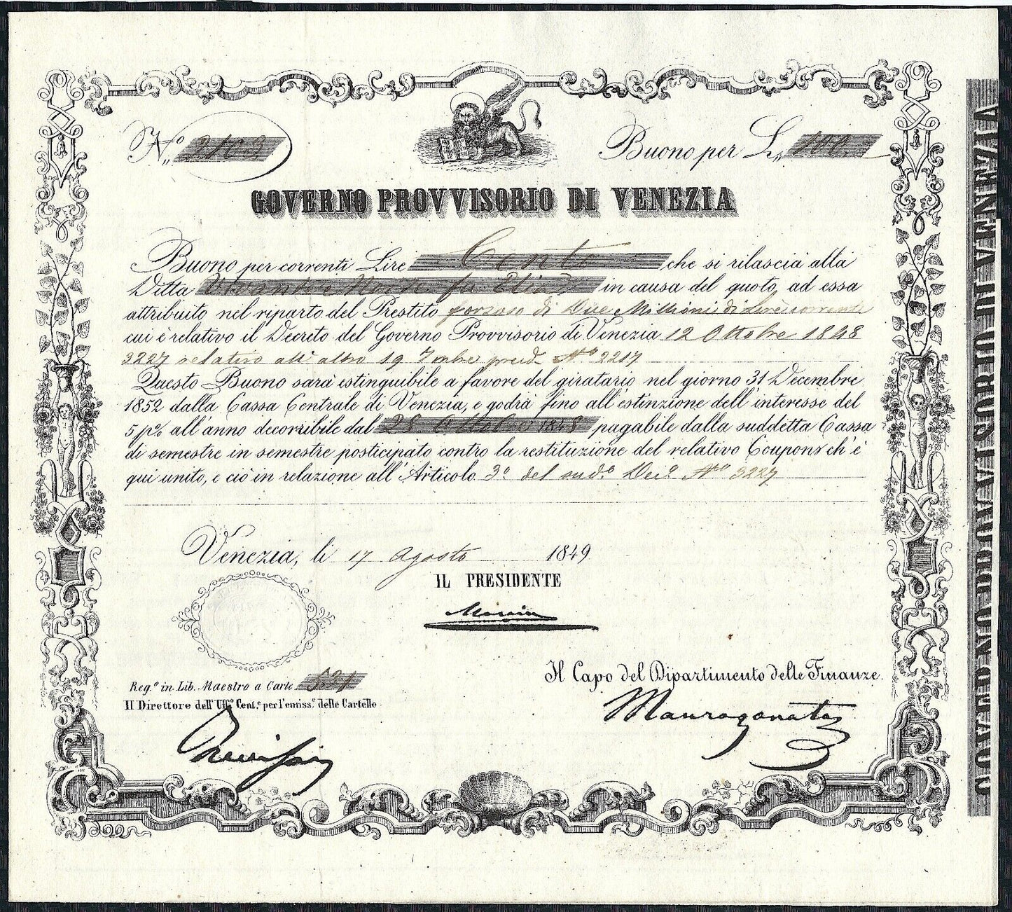 100 LIRE BUONO GOVERNO PROVVISORIO DI VENEZIA 17/08/1849