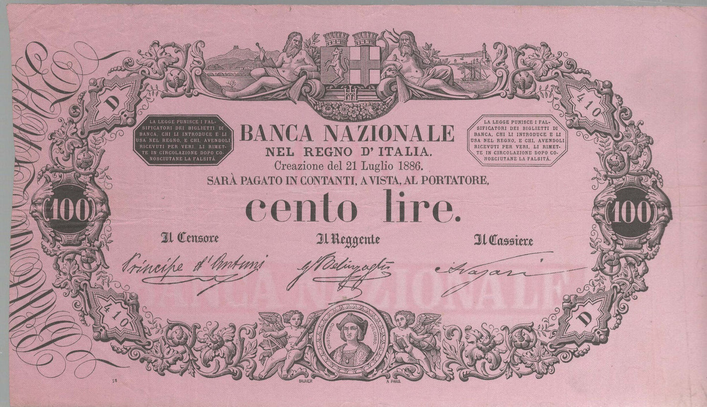 Banca nazionale nel regno d'italia creazione del 21 luglio 1886 CENTO LIRE